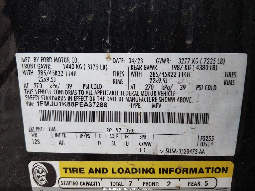 2023 Ford Expedition VIN 1FMJU1K88PEA37288 IAAI salvage auction — FRONT END, Salvage Title, sold $13,875 on 2026-08-19 (photo 9)