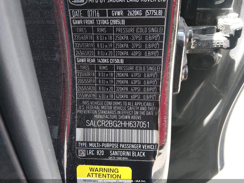 2017 Land rover Discovery sport VIN SALCR2BG2HH637051 IAAI salvage auction — FRONT END, Salvage (California), sold $1,900 on 2026-07-20 (photo 9)