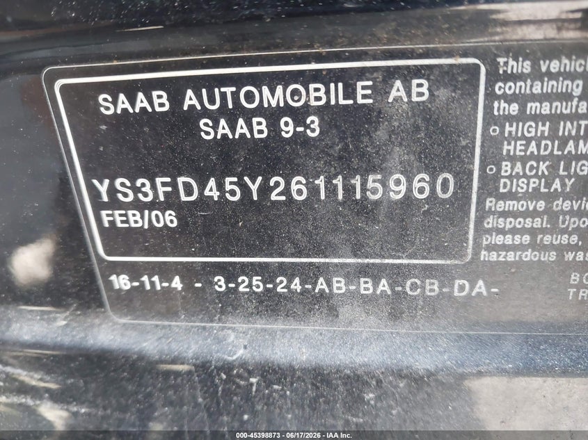 2006 Saab 9-3 VIN YS3FD45Y261115960 IAAI salvage auction — LEFT SIDE, Salvage (North Carolina), sold $200 on 2026-07-16 (photo 9)