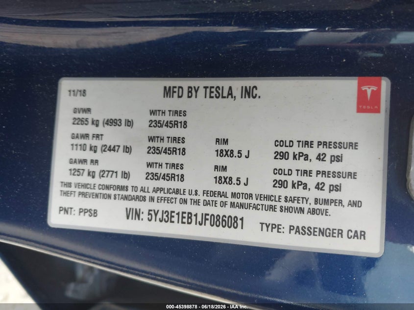 2018 Tesla Model 3 VIN 5YJ3E1EB1JF086081 IAAI salvage auction — FRONT END, Salvage Title, sold $4,750 on 2026-07-23 (photo 9)