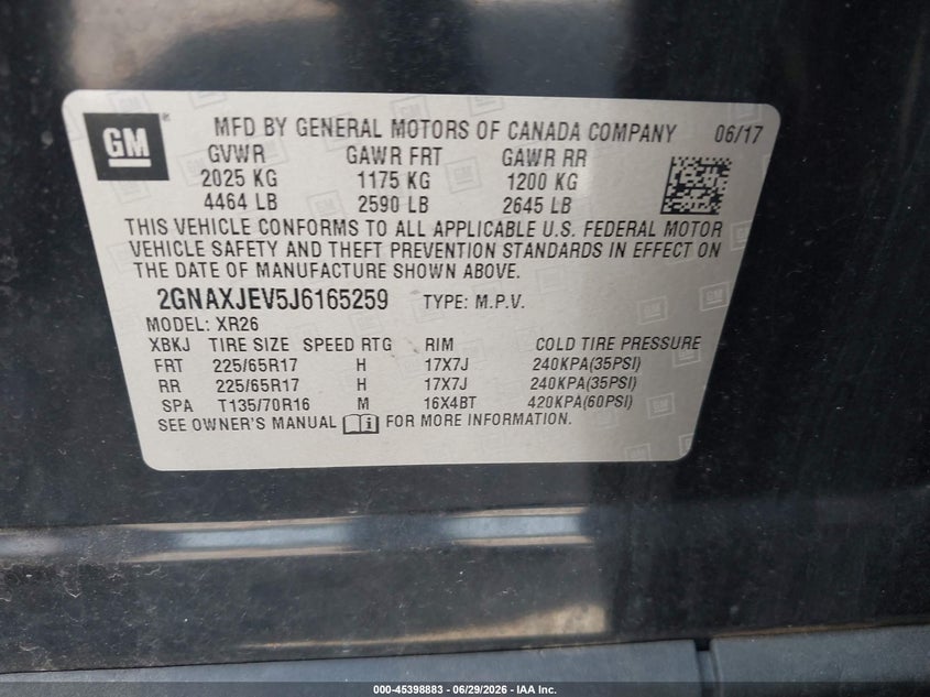 2018 Chevrolet Equinox VIN 2GNAXJEV5J6165259 IAAI salvage auction — FRONT END, Salvage (Ohio), sold $2,400 on 2026-07-24 (photo 9)