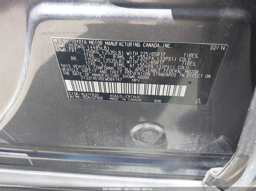 2014 Toyota VIN 2T3ZFREV6EW084147 IAAI salvage auction — REAR END, Salvage (Texas), sold $3,650 on 2026-07-31 (photo 9)