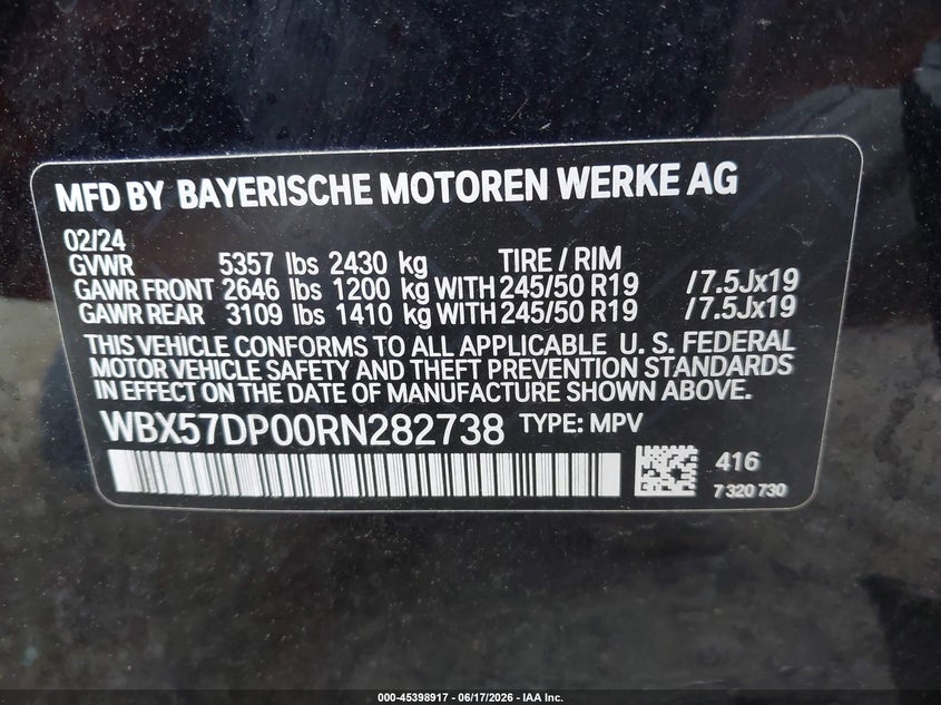 2024 BMW X3 VIN WBX57DP00RN282738 IAAI salvage auction — LEFT & RIGHT, Salvage (Pennsylvania), sold $8,900 on 2026-07-31 (photo 9)