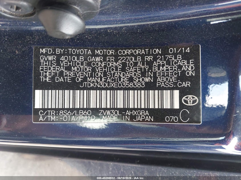 2014 Toyota Prius VIN JTDKN3DUXE0358383 IAAI salvage auction — FRONT END, Salvage Title, sold $1,800 on 2026-07-29 (photo 9)