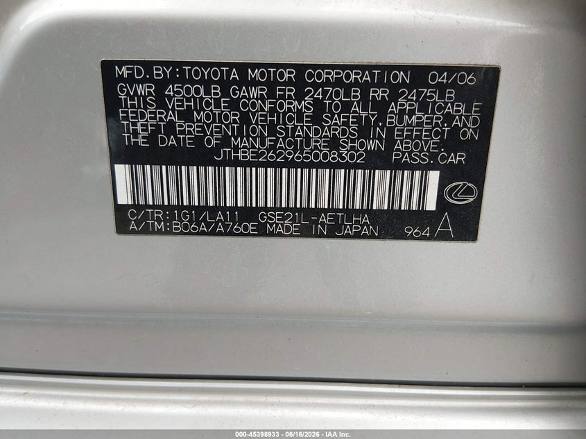 2006 Lexus Is VIN JTHBE262965008302 IAAI salvage auction — VANDALISM, Salvage (Louisiana), sold $1,500 on 2026-07-13 (photo 9)