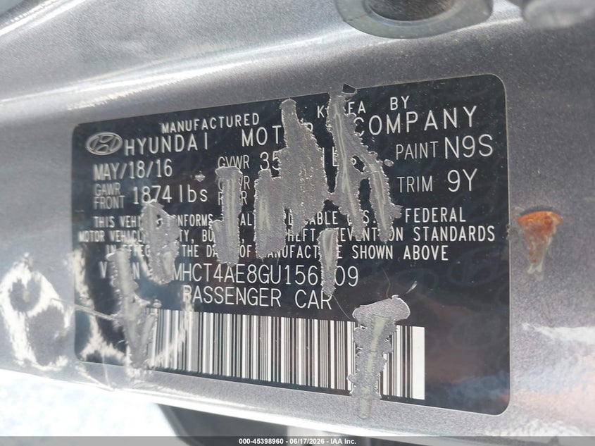 2016 Hyundai Accent VIN KMHCT4AE8GU156209 IAAI salvage auction — FRONT & REAR, Salvage (Iowa), sold $25 on 2026-07-21 (photo 9)
