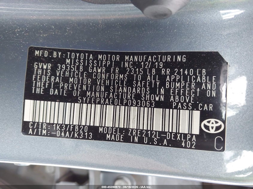 2020 Toyota Corolla VIN 5YFEPRAE0LP093063 IAAI salvage auction — FRONT END, Salvage (Georgia), sold $275 on 2026-07-28 (photo 9)