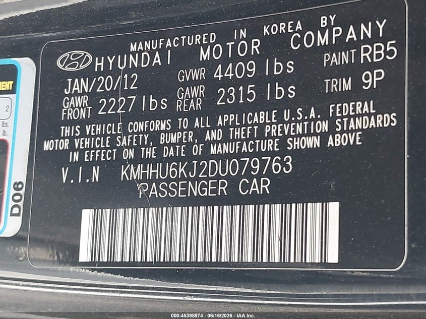 2013 Hyundai Genesis VIN KMHHU6KJ2DU079763 IAAI salvage auction — RIGHT SIDE, Salvage (Mississippi), sold $1,050 on 2026-07-23 (photo 9)