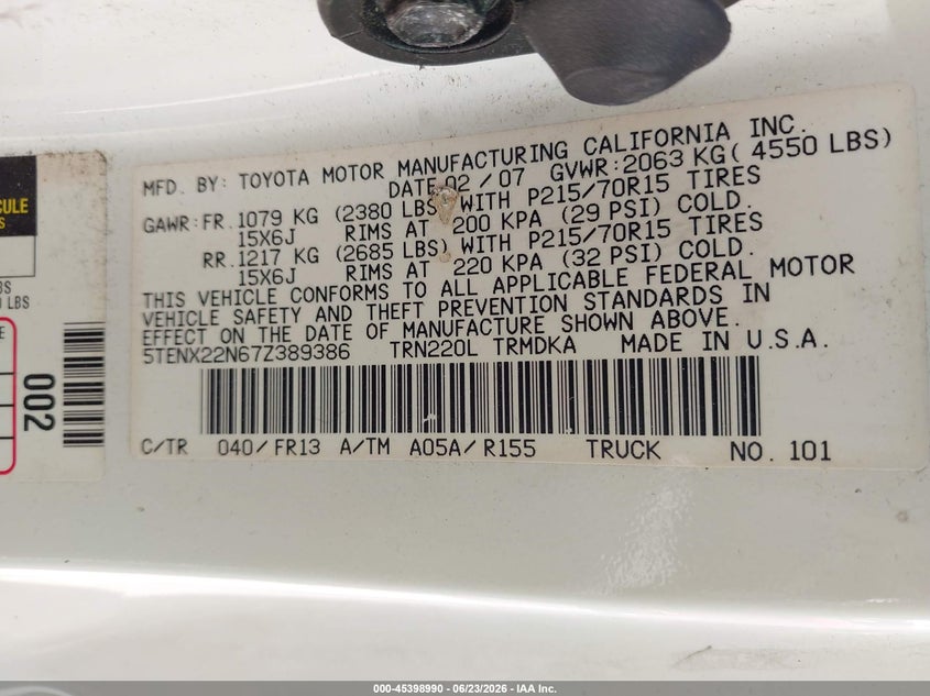 2007 Toyota Tacoma VIN 5TENX22N67Z389386 IAAI salvage auction — HAIL, Salvage (Ohio), sold $3,750 on 2026-07-13 (photo 9)