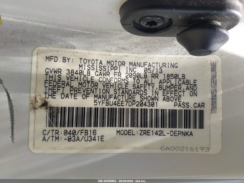 2013 Toyota Corolla VIN 5YFBU4EE7DP204301 IAAI salvage auction — REAR END, Original (Texas), sold $2,950 on 2026-07-29 (photo 9)