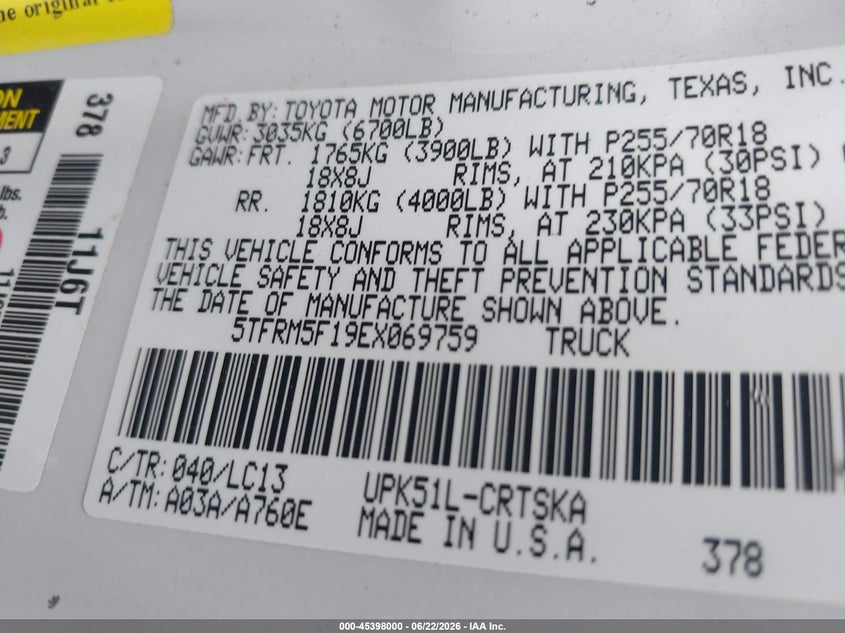 2014 Toyota Tundra VIN 5TFRM5F19EX069759 IAAI salvage auction — NORMAL WEAR, Original (Texas), sold $4,875 on 2026-07-06 (photo 9)