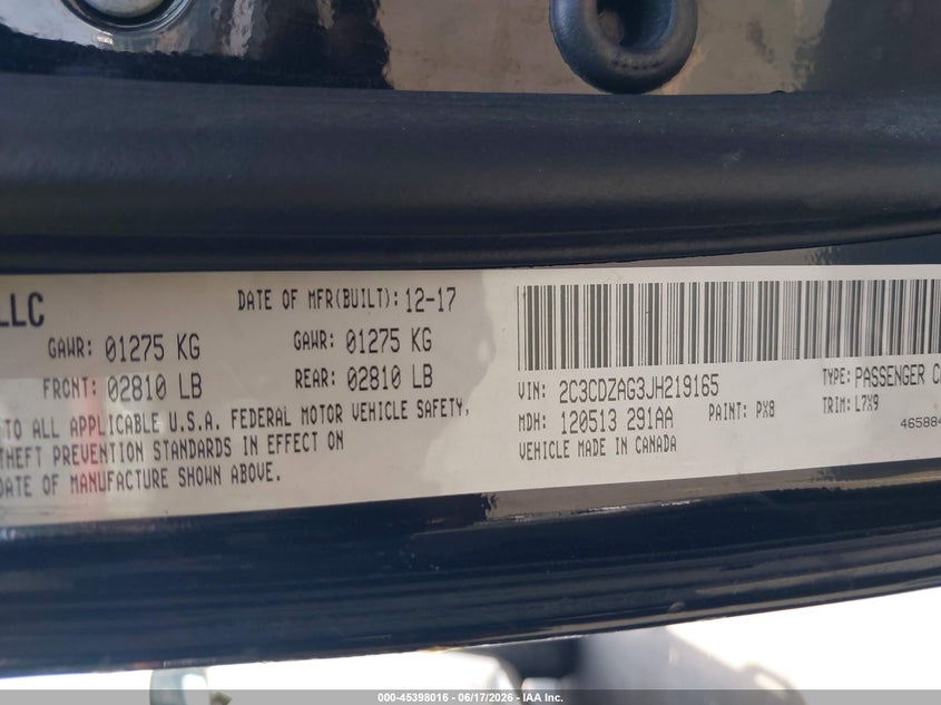 2018 Dodge Challenger VIN 2C3CDZAG3JH219165 IAAI salvage auction — LEFT REAR, Salvage Title, sold $25 on 2026-07-29 (photo 9)