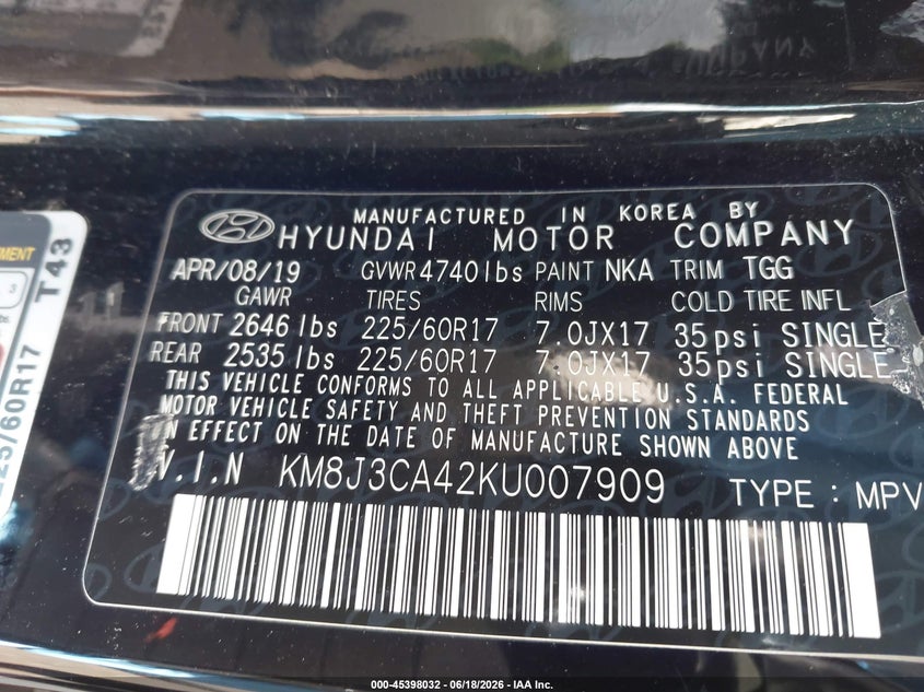 2019 Hyundai Tucson VIN KM8J3CA42KU007909 IAAI salvage auction — LEFT SIDE, Salvage Title, sold $2,600 on 2026-08-02 (photo 9)