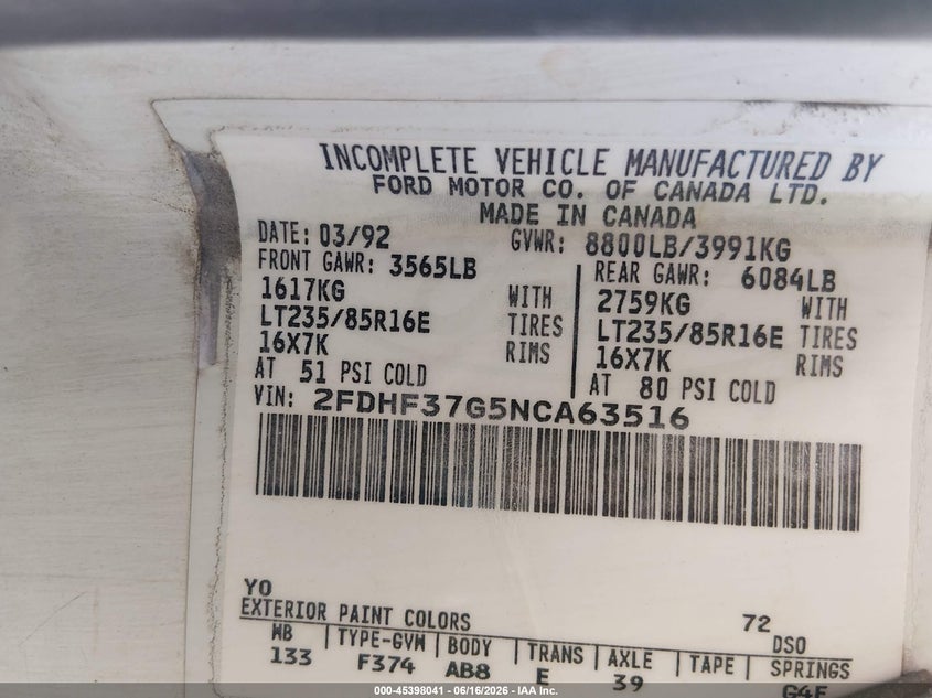 1992 Ford F350 VIN 2FDHF37G5NCA63516 IAAI salvage auction — LEFT FRONT, Salvage (California), sold $250 on 2026-07-09 (photo 9)
