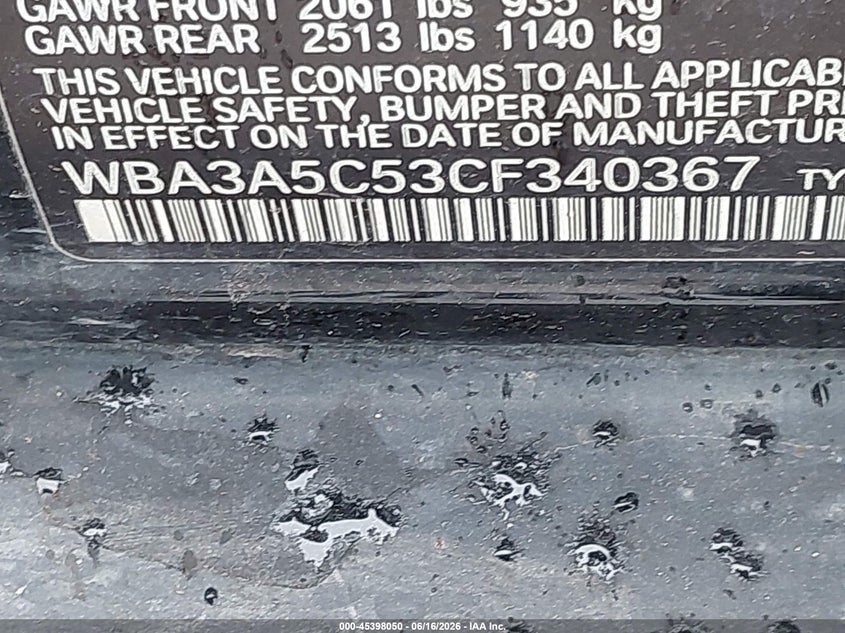 2012 BMW 3er VIN WBA3A5C53CF340367 IAAI salvage auction — REAR END, Salvage (Texas), sold $475 on 2026-07-17 (photo 9)