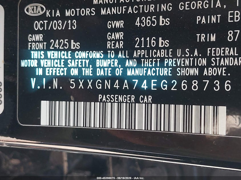 2014 Kia Optima VIN 5XXGN4A74EG268736 IAAI salvage auction — NORMAL WEAR, Clear (Maryland), sold $425 on 2026-07-21 (photo 9)