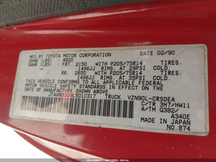 1990 Toyota Pickup VIN JT4VN93D9L5010317 IAAI salvage auction — NORMAL WEAR, Clear (Washington), sold $1,150 on 2026-07-29 (photo 9)