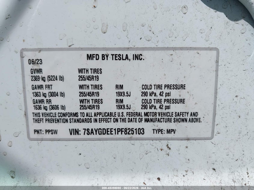 2023 Tesla Model y VIN 7SAYGDEE1PF825103 IAAI salvage auction — FRONT END, Salvage Title, sold $10,700 on 2026-07-16 (photo 9)