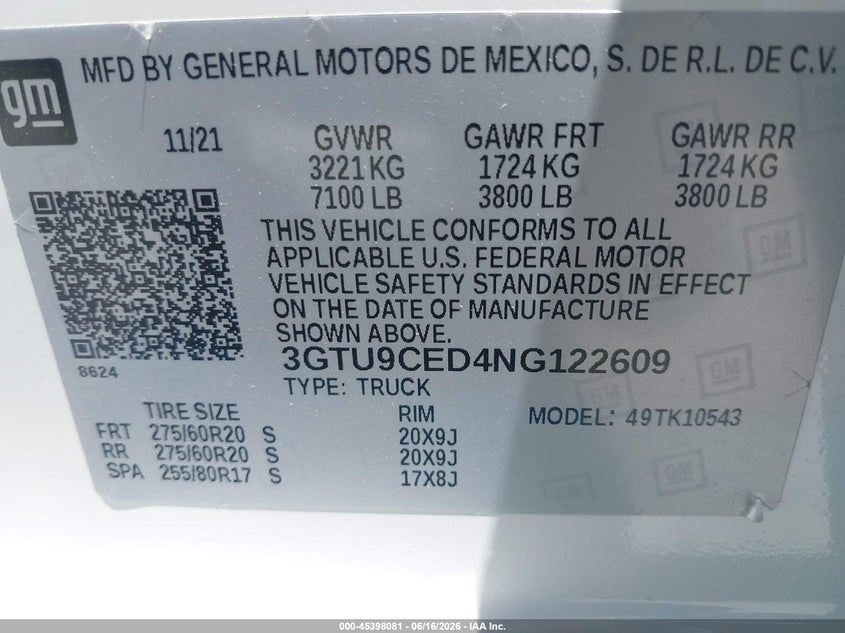 2022 Gmc SIERRA VIN 3GTU9CED4NG122609 IAAI salvage auction — FRONT END, Salvage Title, sold $14,350 on 2026-07-29 (photo 9)