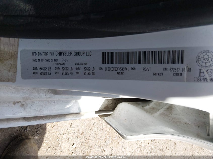 2015 Chrysler 200 VIN 1C3CCCFB3FN549741 IAAI salvage auction — FRONT END, Salvage (Texas), sold $700 on 2026-07-28 (photo 9)
