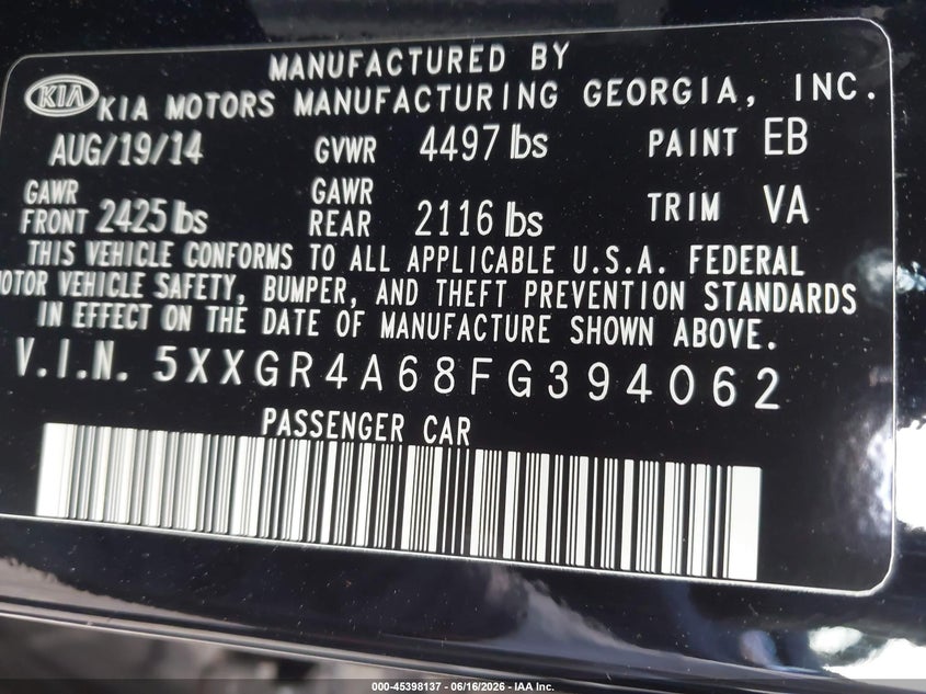 2015 Kia Optima VIN 5XXGR4A68FG394062 IAAI salvage auction — REAR END, Clear (Virginia), sold $1,600 on 2026-07-18 (photo 9)