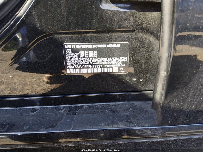 2023 BMW 4er VIN WBA73AV05PFN87837 IAAI salvage auction — REAR END, Salvage Title, sold $13,200 on 2026-08-14 (photo 9)