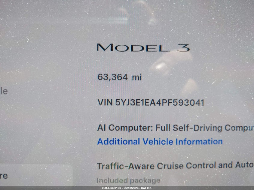 2023 Tesla Model 3 VIN 5YJ3E1EA4PF593041 IAAI salvage auction — RIGHT FRONT, Salvage Title, sold $8,950 on 2026-07-10 (photo 7)