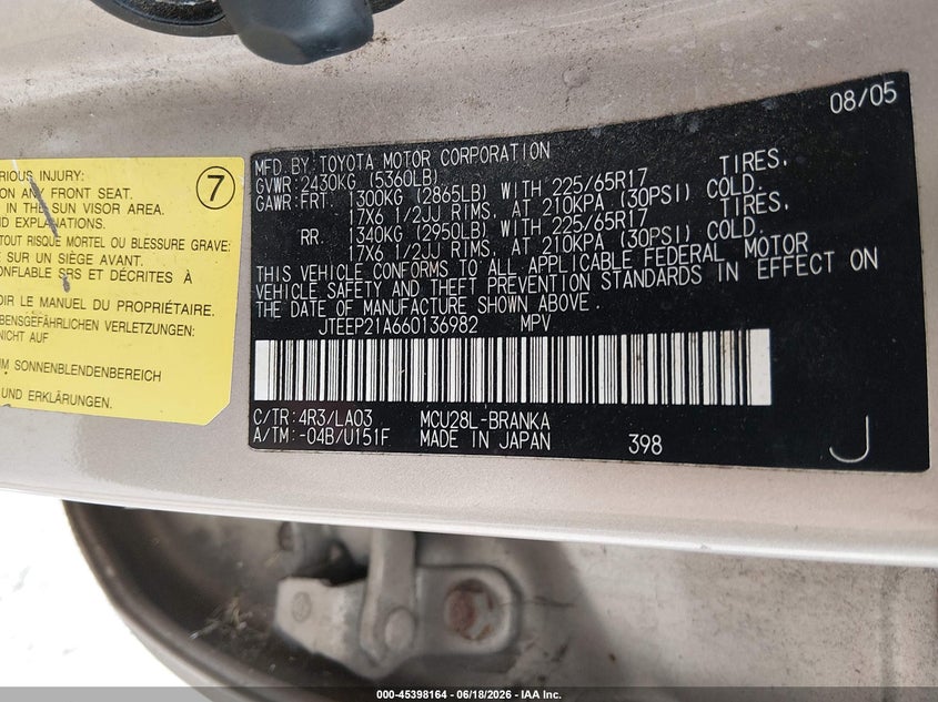 2006 Toyota Highlander VIN JTEEP21A660136982 IAAI salvage auction — FRONT END, Clear (Virginia), sold $1,050 on 2026-07-19 (photo 9)
