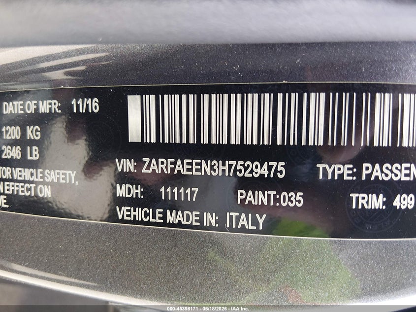 2017 Alfa romeo Giulia VIN ZARFAEEN3H7529475 IAAI salvage auction — FRONT END, Salvage (New Jersey), sold $225 on 2026-07-27 (photo 9)