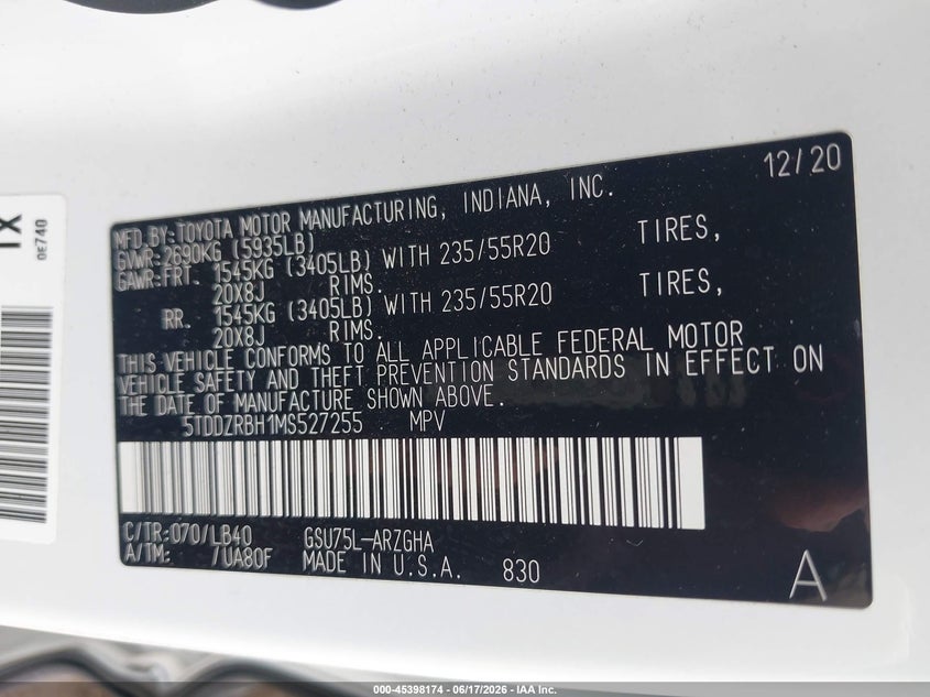 2021 Toyota Highlander VIN 5TDDZRBH1MS527255 IAAI salvage auction — SIDE, Salvage (Virginia), sold $16,900 on 2026-07-28 (photo 9)