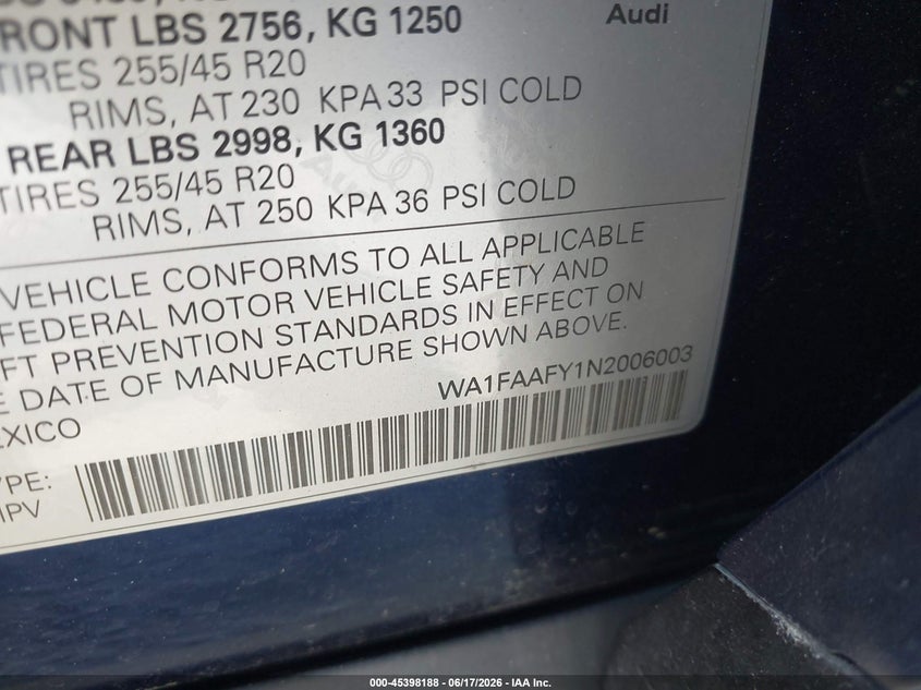 2022 Audi Q5 VIN WA1FAAFY1N2006003 IAAI salvage auction — RIGHT FRONT, Salvage Certificate (California), sold $3,750 on 2026-07-08 (photo 9)