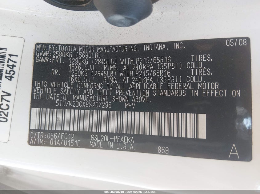 2008 Toyota Sienna VIN 5TDZK23CX8S207295 IAAI salvage auction — RIGHT FRONT, Salvage (West Virginia), sold $425 on 2026-07-29 (photo 9)