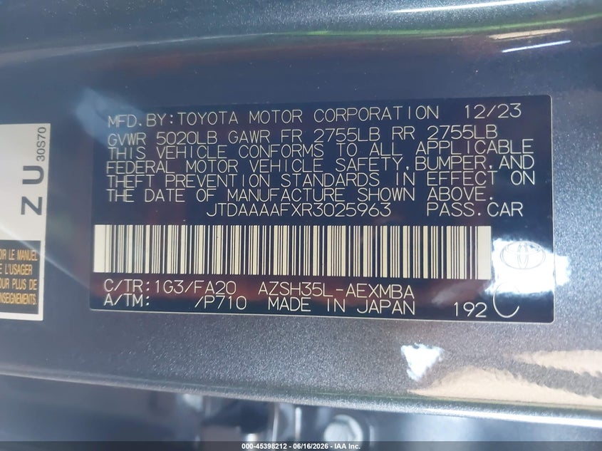2024 Toyota Crown VIN JTDAAAAFXR3025963 IAAI salvage auction — UNKNOWN, Salvage Title, sold $15,500 on 2026-09-01 (photo 9)