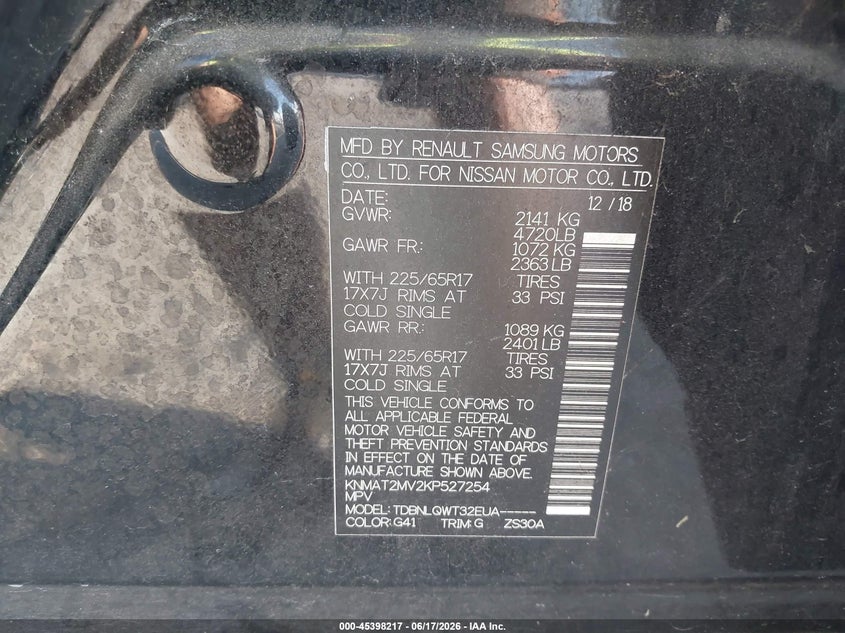 2019 Nissan Rogue VIN KNMAT2MV2KP527254 IAAI salvage auction — SIDE, Rebuildable (Florida), sold $2,550 on 2026-07-16 (photo 9)