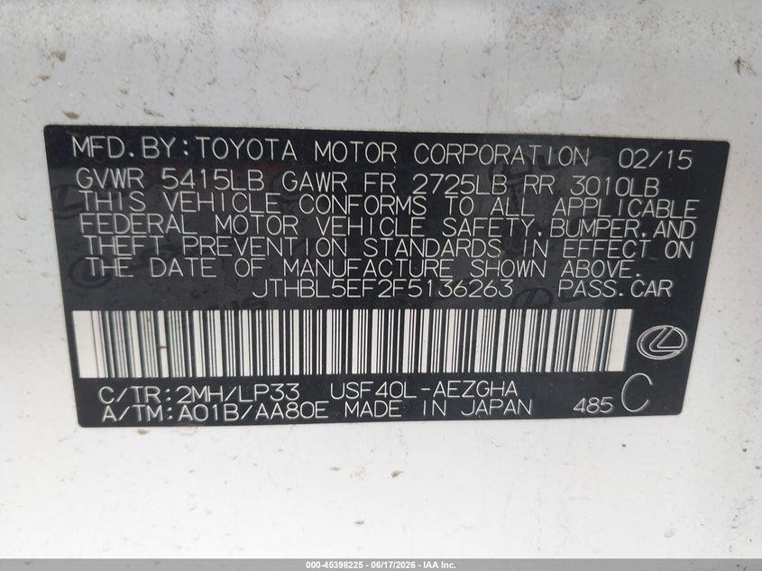 2015 Lexus Ls VIN JTHBL5EF2F5136263 IAAI salvage auction — FRONT END, Salvage (Texas), sold $1,600 on 2026-07-29 (photo 9)