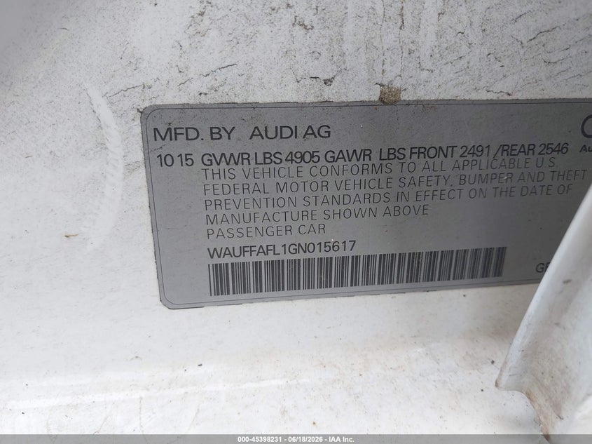 2016 Audi A4 VIN WAUFFAFL1GN015617 IAAI salvage auction — FRONT & REAR, Salvage (Idaho), sold $1,350 on 2026-07-15 (photo 9)