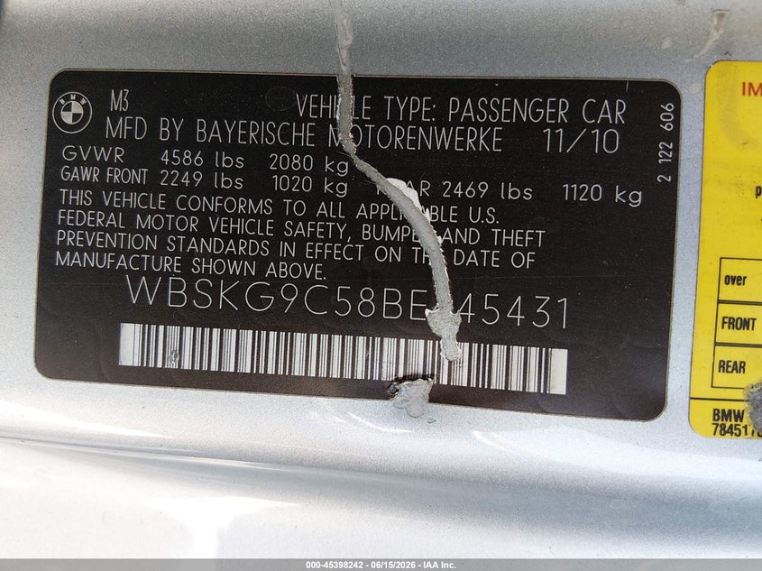 2011 BMW M3 VIN WBSKG9C58BE645431 IAAI salvage auction — REAR END, Salvage (California), sold $15,000 on 2026-07-29 (photo 9)