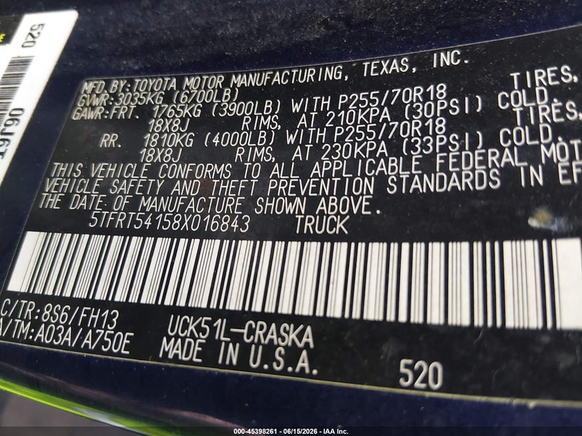 2008 Toyota Tundra VIN 5TFRT54158X016843 IAAI salvage auction — FRONT END, Salvage (Texas), sold $2,400 on 2026-07-23 (photo 9)