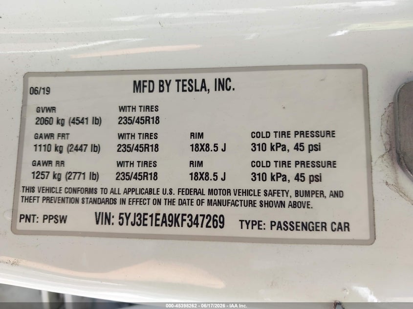 2019 Tesla Model 3 VIN 5YJ3E1EA9KF347269 IAAI salvage auction — LEFT SIDE, Salvage (California), sold $7,200 on 2026-07-09 (photo 9)