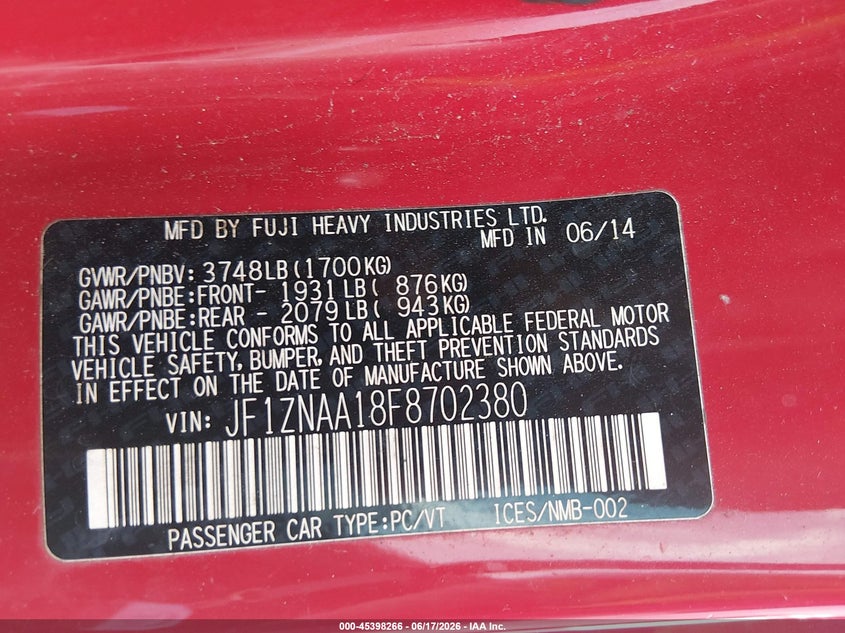 2015 Scion Fr-s VIN JF1ZNAA18F8702380 IAAI salvage auction — NORMAL WEAR, Original (Texas), sold $900 on 2026-07-29 (photo 9)