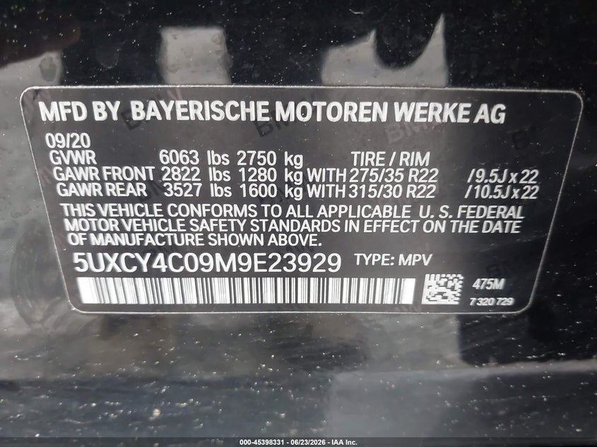 2021 BMW X6 VIN 5UXCY4C09M9E23929 IAAI salvage auction — FRONT END, Salvage (New Jersey), sold $13,800 on 2026-07-29 (photo 9)