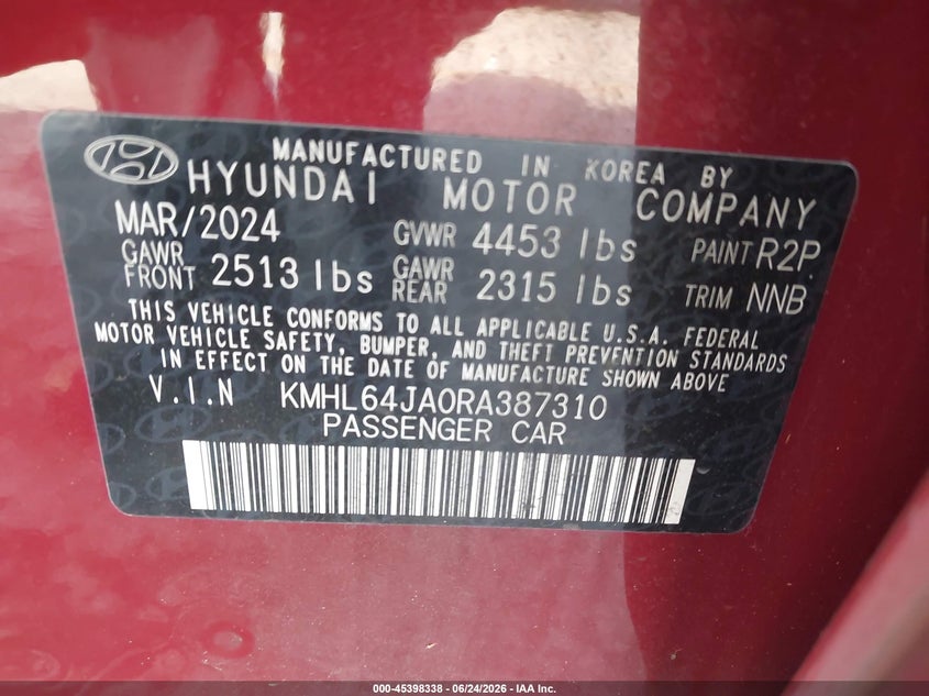 2024 Hyundai Sonata VIN KMHL64JA0RA387310 IAAI salvage auction — REAR END, Rebuildable (Florida), sold $4,950 on 2026-07-29 (photo 9)