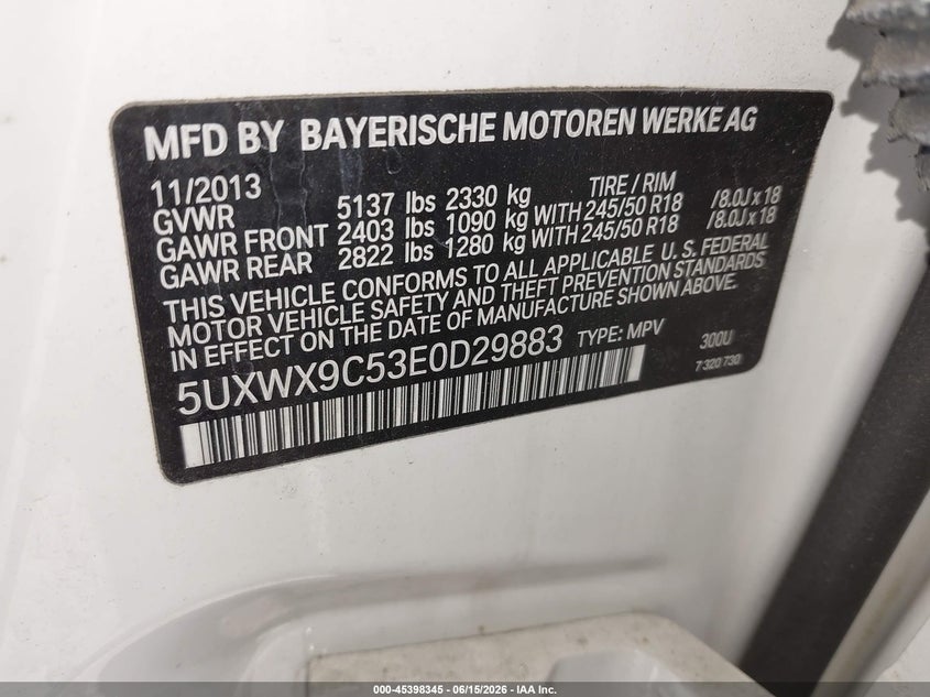 2014 BMW X3 VIN 5UXWX9C53E0D29883 IAAI salvage auction — NORMAL WEAR, Clear (Pennsylvania), sold $1,925 on 2026-07-24 (photo 9)