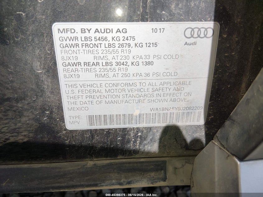 2018 Audi Q5 VIN WA1BNAFY9J2082209 IAAI salvage auction — NORMAL WEAR, Peddle Clear Public-Restricted (Oregon), sold $4,500 on 2026-07-29 (photo 9)