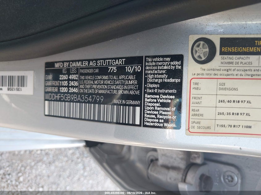 2011 Mercedes-benz E-class VIN WDDHF5GB9BA354799 IAAI salvage auction — NORMAL WEAR, Original (Texas), sold $1,500 on 2026-07-06 (photo 9)