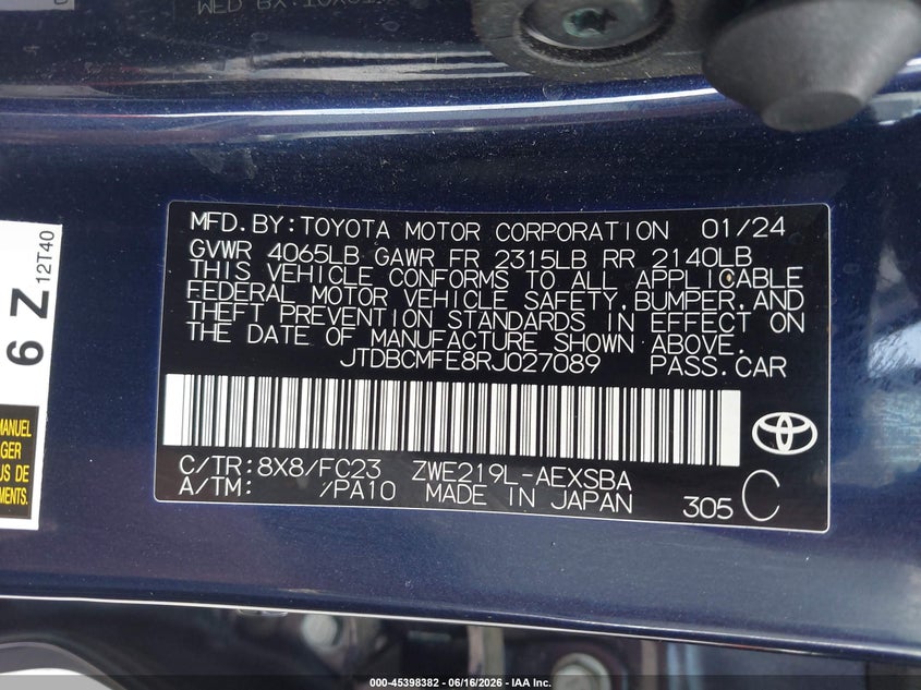 2024 Toyota Corolla VIN JTDBCMFE8RJ027089 IAAI salvage auction — RIGHT SIDE, Salvage (Missouri), sold $7,350 on 2026-07-28 (photo 9)