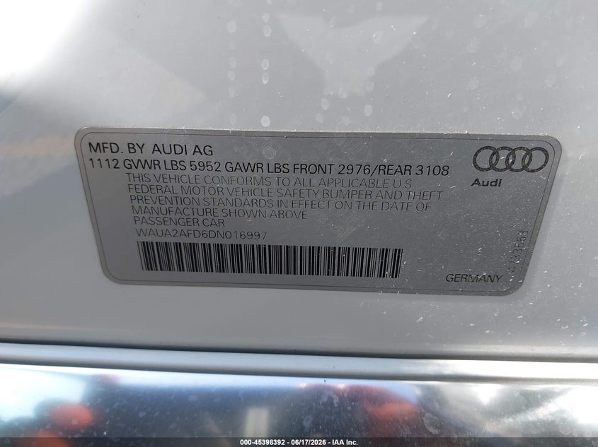 2013 Audi A8 VIN WAUA2AFD6DN016997 IAAI salvage auction — FRONT END, Salvage (California), sold $2,025 on 2026-07-28 (photo 9)