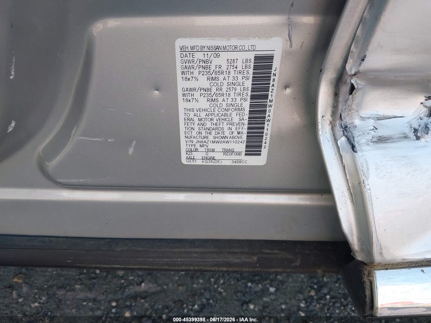 2010 Nissan Murano VIN JN8AZ1MW0AW110242 IAAI salvage auction — LEFT SIDE, Salvage - Greater Than 75% (Maryland), sold $525 on 2026-07-20 (photo 9)
