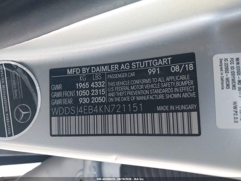2019 Mercedes-benz Cla-klasse VIN WDDSJ4EB4KN721151 IAAI salvage auction — LEFT FRONT, Salvage Title, sold $1,350 on 2026-08-05 (photo 9)