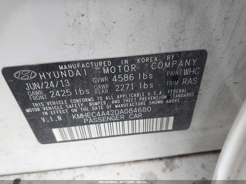 2013 Hyundai Sonata VIN KMHEC4A42DA084680 IAAI salvage auction — LEFT FRONT, Salvage (Iowa), sold $25 on 2026-07-28 (photo 9)